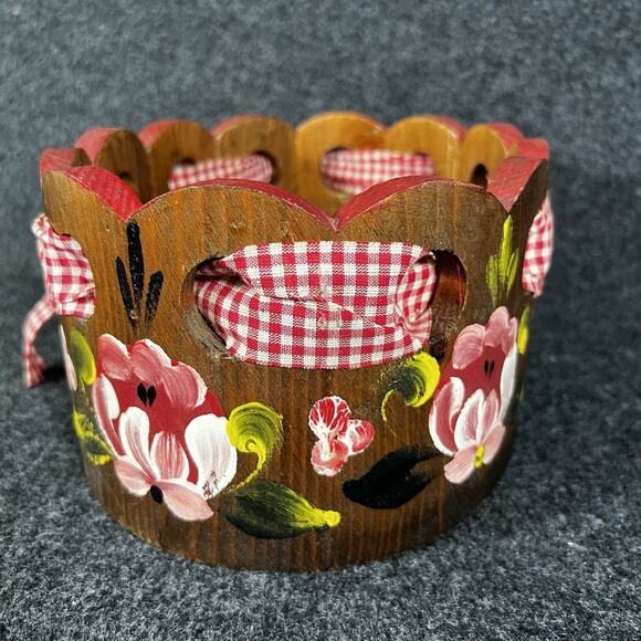 Vintage Wooden Hand Painted Basket Cottagecore Flower Decor Ribbon - Picture 6 of 7
